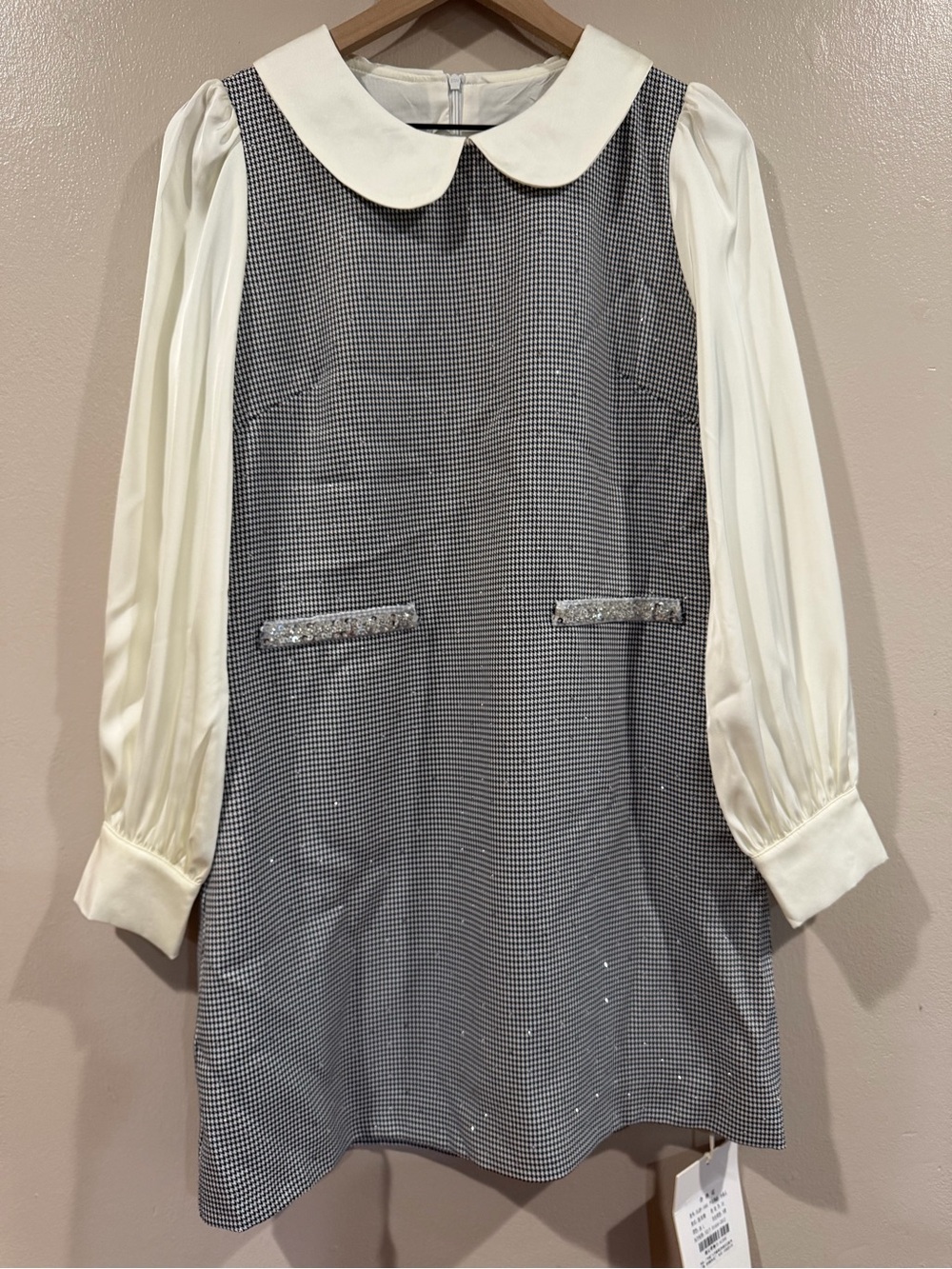 NWT Women’s Mini Dress Satin Cream Sleeves & Black Check Peter Pan Collar Dress